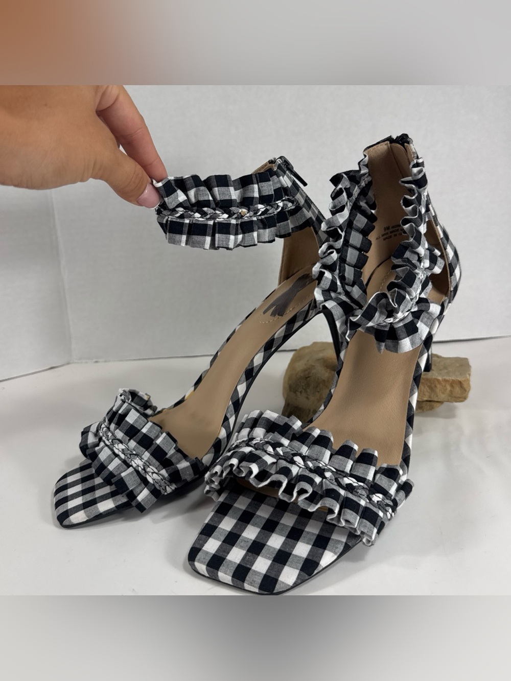 Gingham Ruffle Ankle-Strap Heels in Black & White
